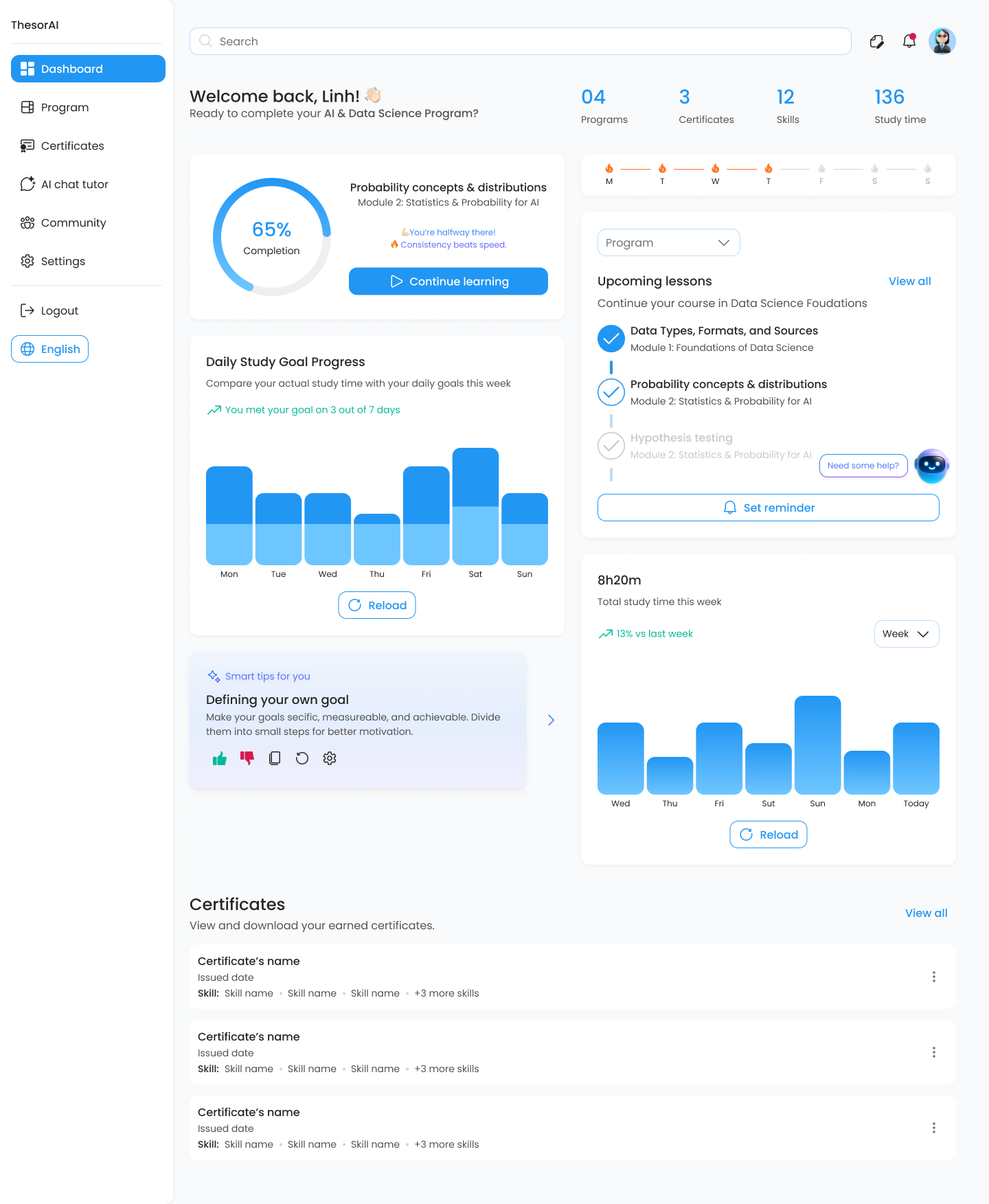 ThesorAI Dashboard - AI-powered learning platform interface